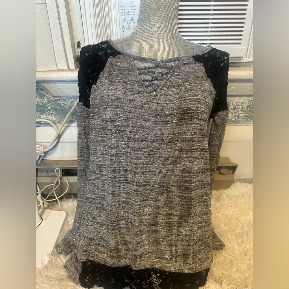 ⭐️ 3/$20 Maurices Black and Gray Lace Accent Blouse